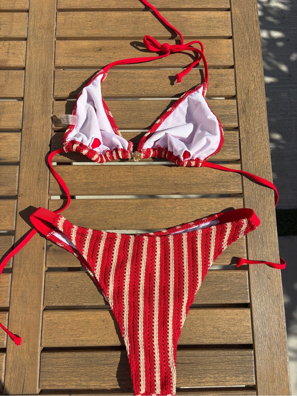 Red & Cream Crochet Texture Triangle Bikini Set XL Gold Shell Charm - Picture 2 of 5